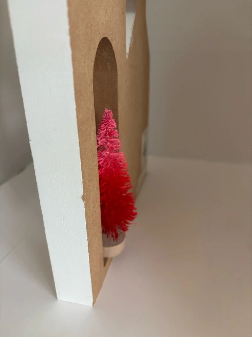 Wooden tabletop Christmas church “joy to the World” red bottle brush tree set